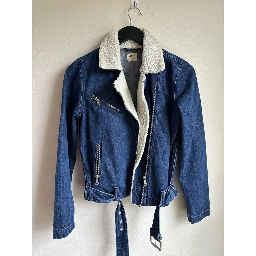 Gap Women's Denim Jacket XS Sherpa Lined Biker Belt Buckle Blue 1969